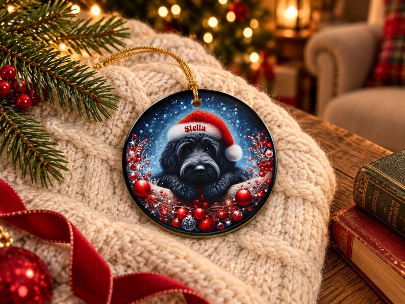 May include: A round ceramic Christmas ornament featuring a black dog wearing a red Santa hat with the name Stella printed on the brim. The dog is surrounded by red berries and ornaments against a dark blue, snowy background with a gold string.