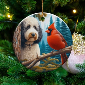 Cardinal and Bernedoodle Dog Ceramic Ornament, Oil Paint Style Design, Cardinal Lovers Gift, Mothers Day, Bird Lovers, Custom Crafted Design