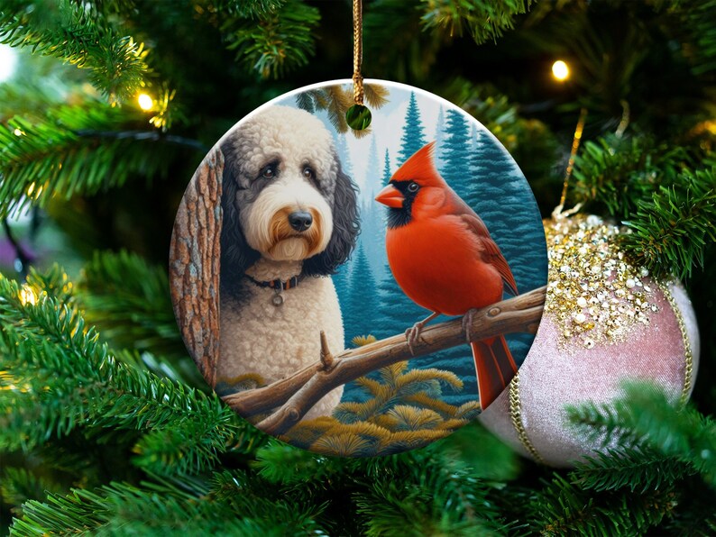Cardinal and Bernedoodle Dog Ceramic Ornament, Oil Paint Style Design, Cardinal Lovers Gift, Mothers Day, Bird Lovers, Custom Crafted Design