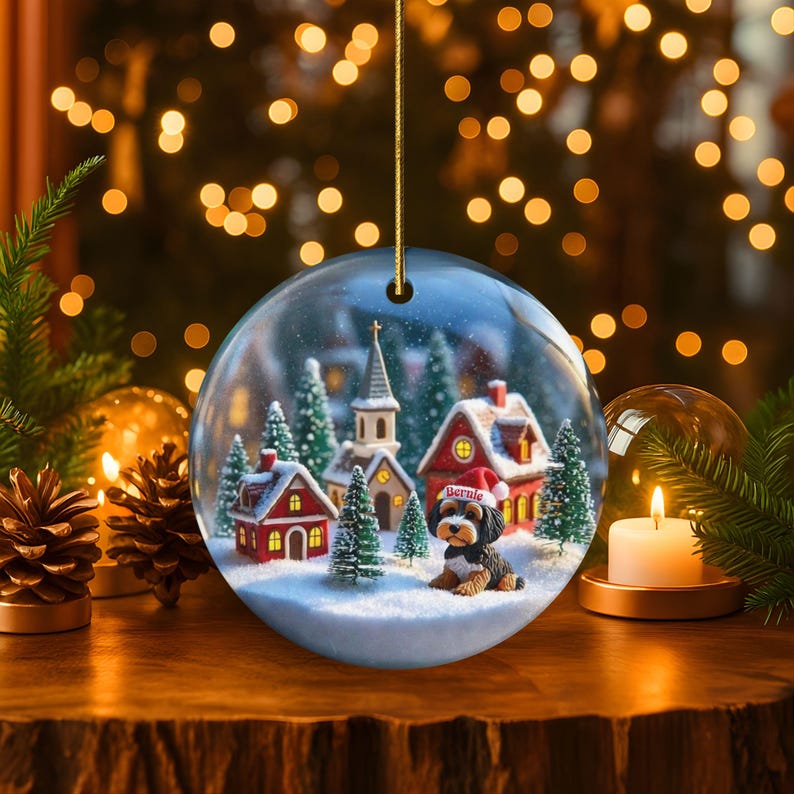 Snow globe style design personalized ceramic bernedoodle ornament with a warm backdrop Christmas dog ornament with festive winter scene.  Great gift idea for doodle moms and doodle dog lovers!