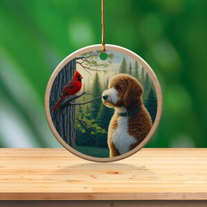 Cardinal and Bernedoodle Dog Ceramic Ornament, Oil Paint Design image 3