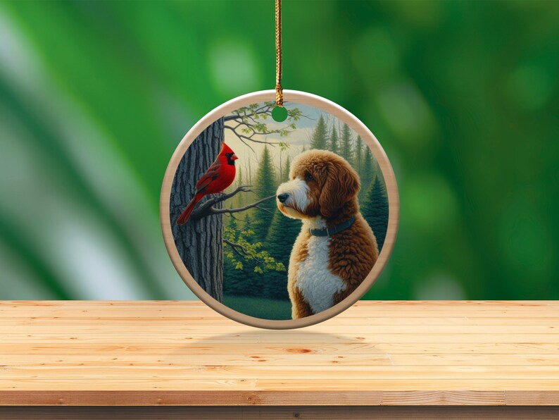 Cardinal and Bernedoodle Dog Ceramic Ornament, Oil Paint Design image 3