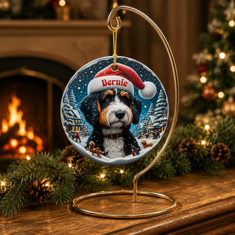 K&ouml;nnte beinhalten: Ein runder Keramikschmuck an einem goldfarbenen Metallst&auml;nder, der einen schwarz-wei&szlig;-braunen Hund mit einer roten Weihnachtsm&uuml;tze zeigt, auf der der Name Bernie in roter Schrift steht, vor einer verschneiten Winterdorfkulisse.