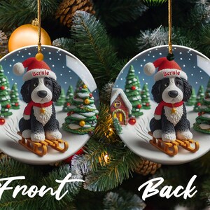 Bernedoodle Ornament, Festive Dog Sled - Snow Globe Style (3 Inch Ceramic, Sublimation) immagine 3