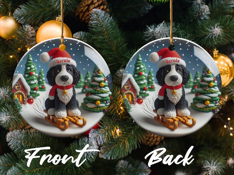 Bernedoodle Ornament, Festive Dog Sled - Snow Globe Style (3 Inch Ceramic, Sublimation) immagine 3