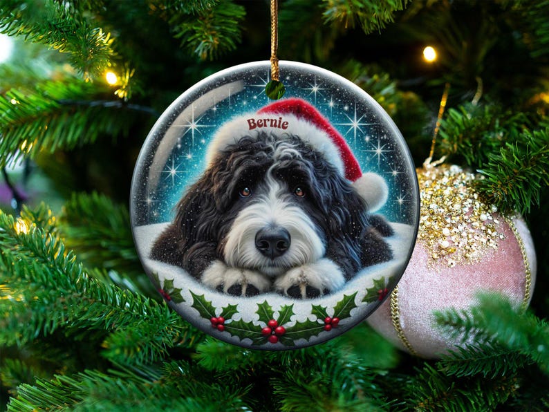 Bernedoodle-Weihnachtsschmuck: Festliche Keramikdekoration – personalisiertes Erinnerungsstück mit Sublimationsdruck, Geschenk für Tierliebhaber, beidseitiges Welpenmotiv Bild 5