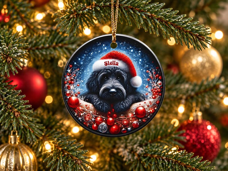 May include: A round ceramic Christmas ornament featuring a black dog wearing a red Santa hat with the name Stella printed on the brim. The dog is surrounded by red berries, red ornaments, and a snowy background, hanging from a gold cord.