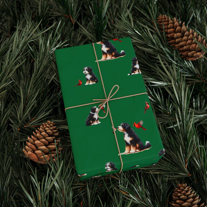 Bernedoodle & Cardinal Gift Wrap: Holiday Festive Paper image 1