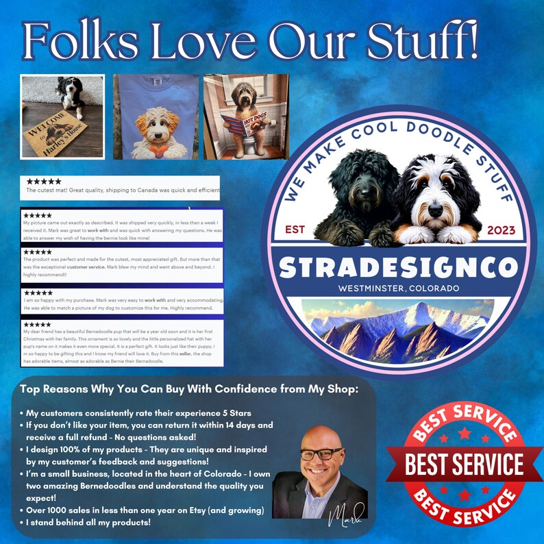 K&ouml;nnte beinhalten: Eine Werbegrafik mit dem Titel Folks Love Our Stuff, die Kundenbewertungen, Fotos von Bernedoodle-Hunden und ein kreisf&ouml;rmiges Logo f&uuml;r STRADESIGNCO zeigt. Sie enth&auml;lt ein Portr&auml;t eines Mannes, eine Liste von Richtlinien und ein Best Service-Abzeichen.