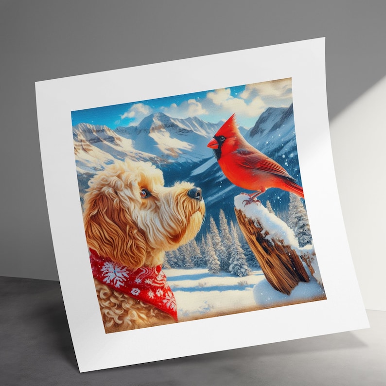 Doodle Dog and Cardinal Art Canvas, Pet Lover Gift image 6