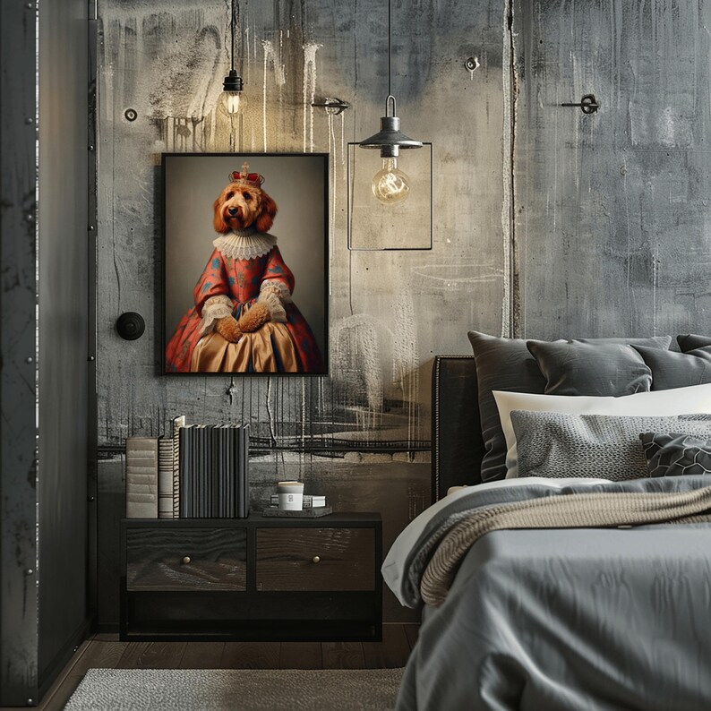 May include: A framed portrait of a dog dressed in regal attire, including a red and gold dress, a white ruffled collar, and a crown. The artwork hangs above a dark wood nightstand in a bedroom setting.