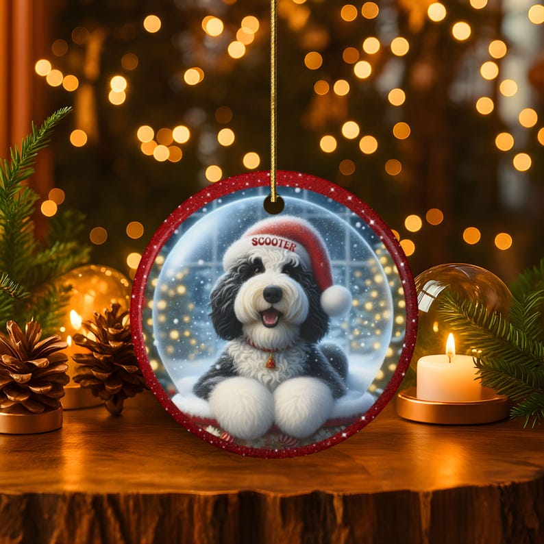 Custom Dog Ornament, Sheepadoodle Snow Globe Design (Sublimation, Ceramic) - Personalized Keepsake Gift, Holiday Tree Decor image 1