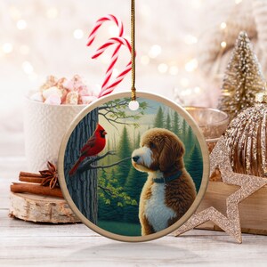 Cardinal and Goldendoodle Ceramic Ornament, Oil Paint Style Design, Cardinal Lovers Gift, Mothers Day, Bird Lovers, Doodle Dog Mom Gifts