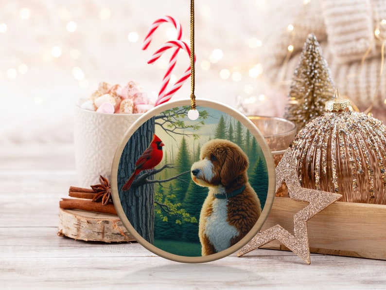 Cardinal and Goldendoodle Ceramic Ornament, Oil Paint Style Design, Cardinal Lovers Gift, Mothers Day, Bird Lovers, Doodle Dog Mom Gifts