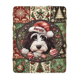 Sweet Bernie The Bernedoodle, surrounded by amazing Christmas motif, captured on a gorgeous sherpa fleece blanket!