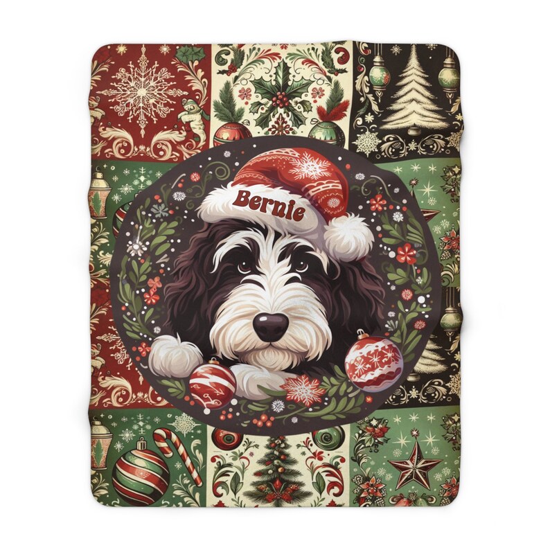 Sweet Bernie The Bernedoodle, surrounded by amazing Christmas motif, captured on a gorgeous sherpa fleece blanket!
