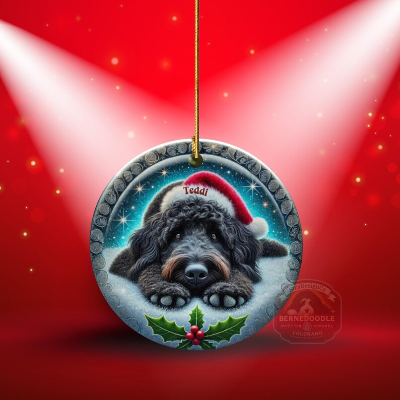 Black goldendoodle ceramic ornament with two sided design.  Black golden doodle , black bernedoodle dog decor.