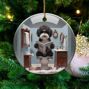Funny Dog Toilet Ornament, Bathroom Humor Decor - Ceramic Sublimation Print, Doodle Art Gift, Holiday Tree Decoration, Pet Keepsake image 7