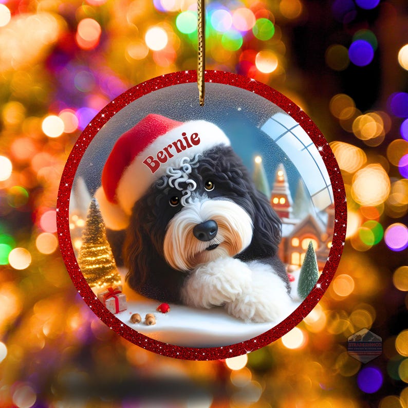 K&ouml;nnte beinhalten: Runder Weihnachtsschmuck mit einem schwarz-wei&szlig;en Hund mit Weihnachtsm&uuml;tze und dem Namen "Bernie". Der Schmuck hat einen roten Glitzerrahmen und eine goldene Schnur zum Aufh&auml;ngen. Der Hintergrund zeigt eine Winterlandschaft.