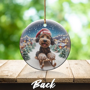 Christmas dog ornament, holiday decor, festive pet keepsake, winter wonderland, personalized pet gift, custom dog decoration