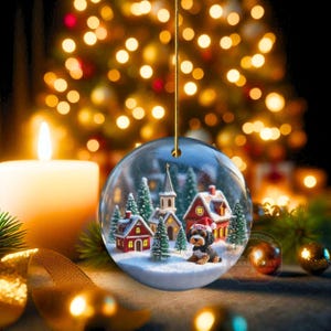 Snow globe style design personalized ceramic bernedoodle ornament with a warm backdrop Christmas dog ornament with festive winter scene.  Great gift idea for doodle moms and doodle dog lovers!