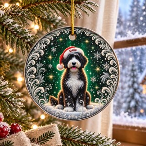May include: A round ceramic Christmas ornament featuring a black and white Bernedoodle dog wearing a red Santa hat with the name Stella printed on it. The background is a dark green starry night with white swirling filigree and snowflakes.