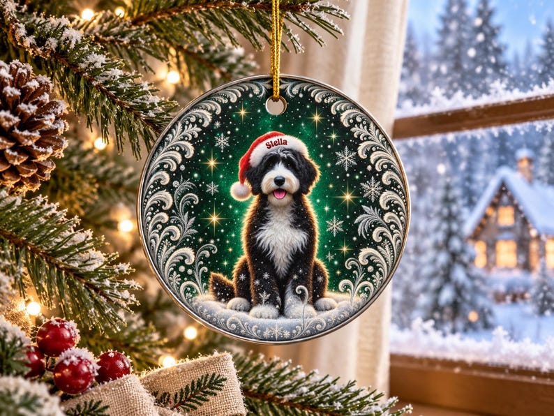 May include: A round ceramic Christmas ornament featuring a black and white Bernedoodle dog wearing a red Santa hat with the name Stella printed on it. The background is a dark green starry night with white swirling filigree and snowflakes.