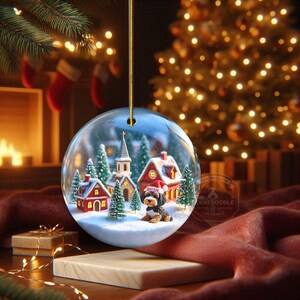 Snow globe style design personalized ceramic bernedoodle ornament with a warm backdrop Christmas dog ornament with festive winter scene.  Great gift idea for doodle moms and doodle dog lovers!