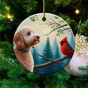 Cardinal and Doodle Dog Ceramic Ornament, Oil Paint Design image 3