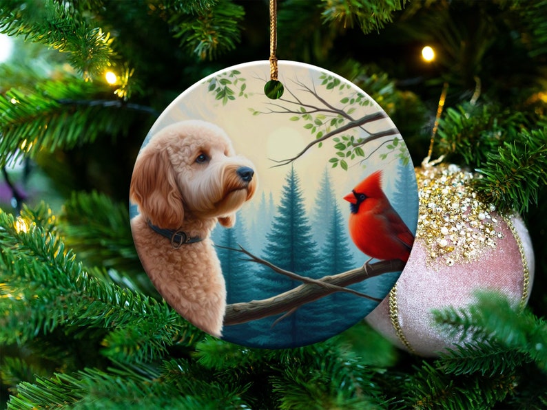 Cardinal and Doodle Dog Ceramic Ornament, Oil Paint Design image 3