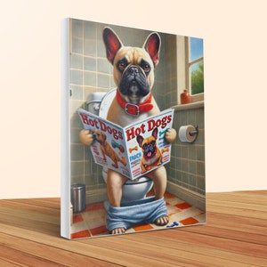 Funny French Bulldog Toilet Canvas Art: Humorous Bathroom Decor image 1
