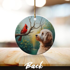 Cardinal and Doodle Dog Ceramic Ornament, Oil Paint Style Design image 5