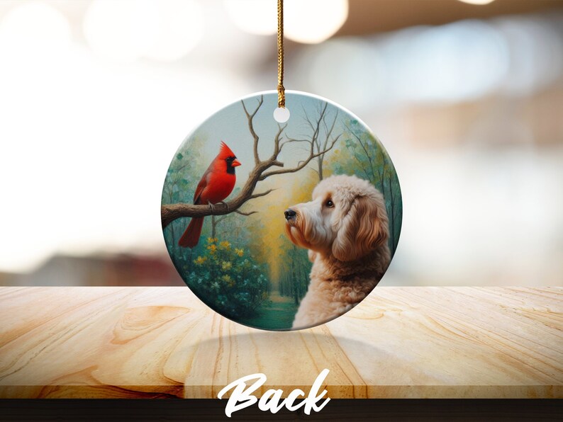 Cardinal and Doodle Dog Ceramic Ornament, Oil Paint Style Design image 5