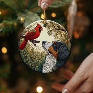 Cardinal and Bernese Mountain Dog Ceramic Ornament, Oil Paint Style Design, Cardinal Lovers Gift, Mothers Day, Bird Lovers, Custom Bird and Dog Gift