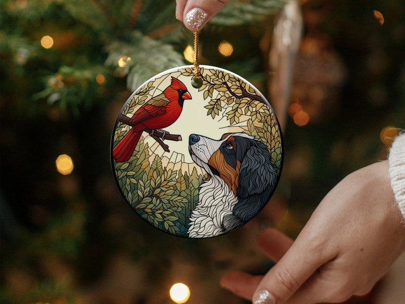Cardinal and Bernese Mountain Dog Ceramic Ornament, Oil Paint Style Design, Cardinal Lovers Gift, Mothers Day, Bird Lovers, Custom Bird and Dog Gift