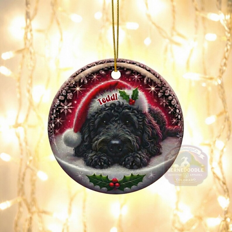 May include: Round Christmas ornament featuring a black dog wearing a Santa hat with the name "Teddi". The ornament has a red and white design with holly accents and a gold string for hanging. The background has a bokeh effect.