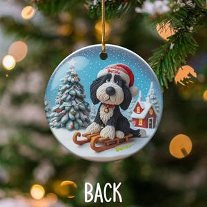 Christmas Ornament, Bernedoodle Sledding Scene | Sublimation Ceramic Decor | 3-Inch Glossy Flat Double-Sided image 4