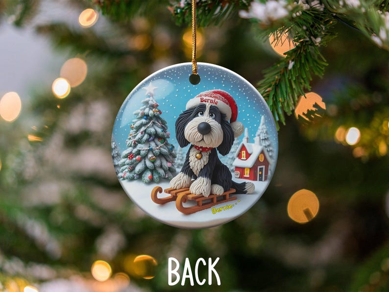 Christmas Ornament, Bernedoodle Sledding Scene | Sublimation Ceramic Decor | 3-Inch Glossy Flat Double-Sided image 4