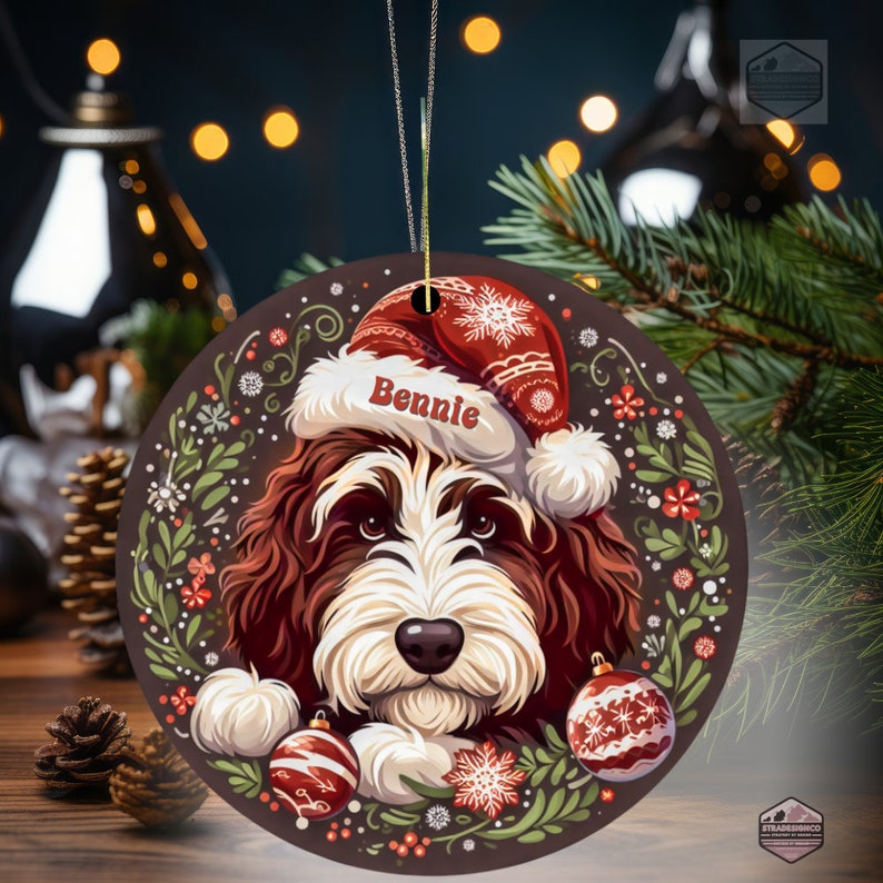 Bernedoodle in Santa Hat Custom Ornament - Artisanal Christmas Dog Decor