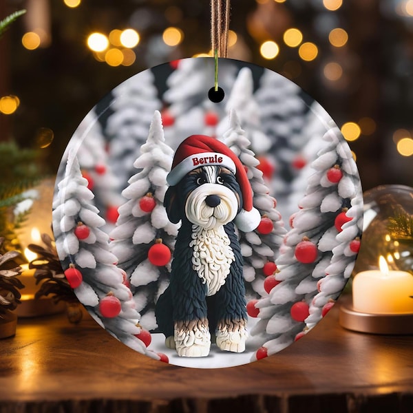 Bernedoodle Ornament, Personalized Custom Dog Name - Ceramic Keepsake | Sublimation Print | 2.76 Inch Christmas Decor Gift