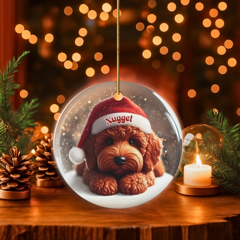 This ceramic ornament features a cute red mini-doodle golden doodle or goldendoodle dog wearing a Santa hat in a snow globe setting, surrounded by holiday decorations. Perfect for adding a festive touch to your Christmas tree or as a thoughtful gift for dog lovers.