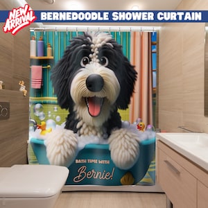 Cortina de ducha personalizada con Bernedoodle - Decoración de baño con temática canina