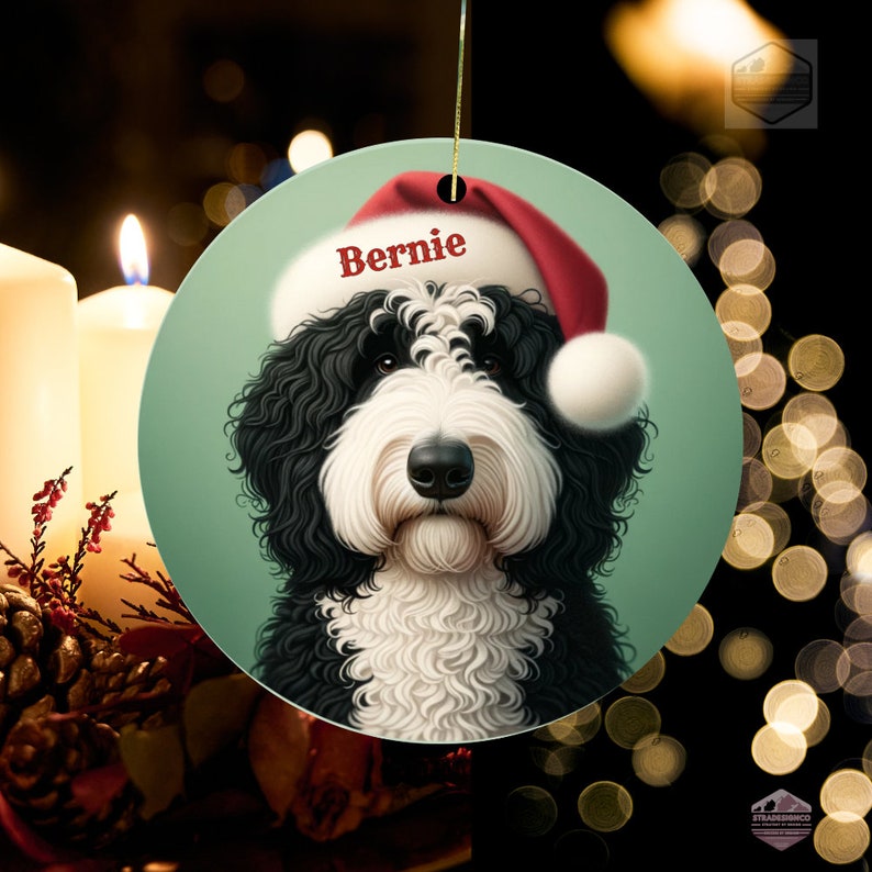 Customizable Christmas Bernedoodle Decoration - Festive Pet Ornament with Santa Cap
