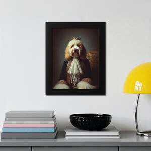 Royal Dog Portrait Wall Art, Dog Lover Gift, Unique Pet Decor, Dog in Regal Outfit Print, Quirky Animal Painting, Home Decor