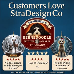 May include: An advertisement for StraDesign Co. features a logo with a Bernedoodle illustration and the text "Bernedoodle Outfitter & Apparel, Colorado." The image includes customer reviews and a snow globe ornament.