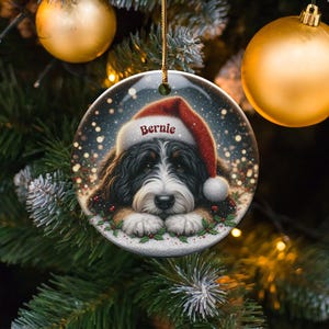 Custom Pet Ornament - Bernedoodle Santa Hat Pup, Two Sided Sublimation (3 Inch Round, Ceramic Keepsake) image 7