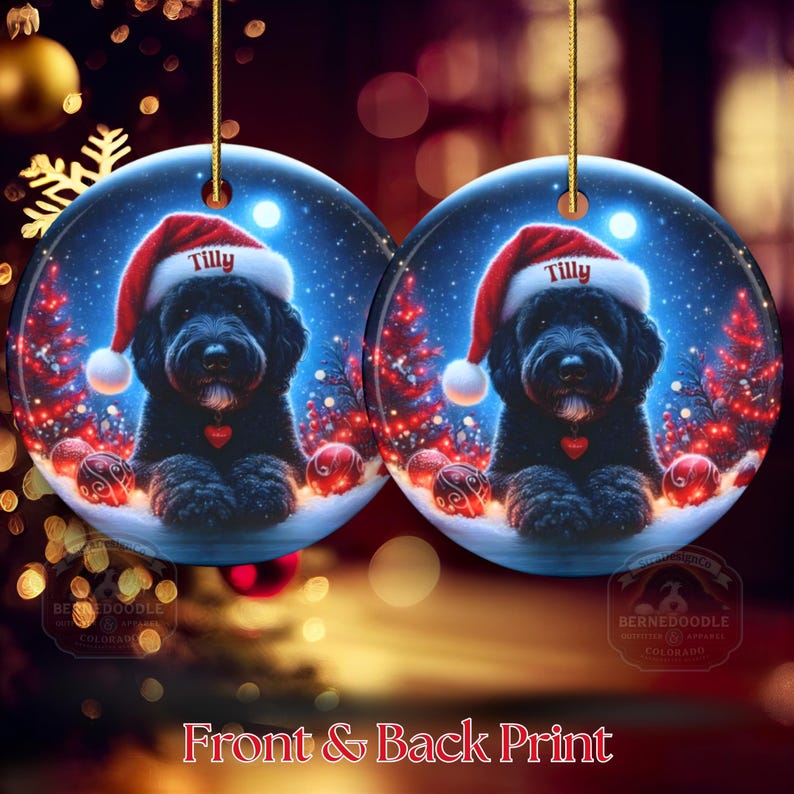 This festive ornament features an adorable black doodle wearing a Santa hat, surrounded by soft glowing holiday lights and rich red Christmas tones. The warm lighting highlights the dog’s fluffy black fur, giving the design a bright, cheerful look that stands out on any tree. A perfect personalized keepsake for anyone who loves black doodles and joyful holiday décor.