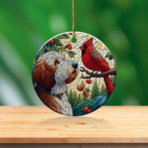 Doodle Dog and Cardinal Ceramic Ornament, Faux Stained Glass Design image 9
