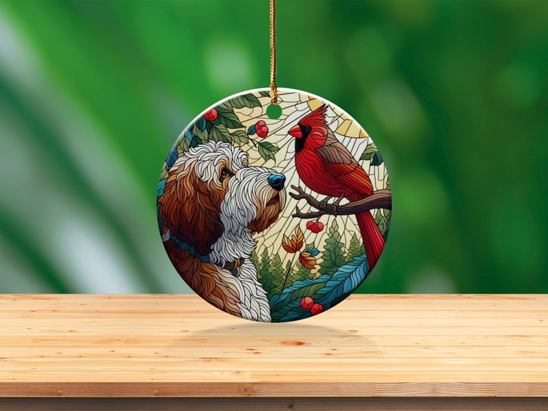 Doodle Dog and Cardinal Ceramic Ornament, Faux Stained Glass Design image 9