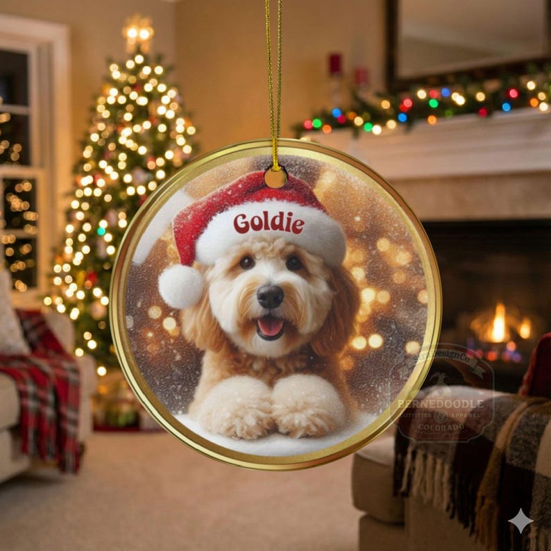 Keramik-Weihnachtsmannmütze, personalisierter Goldendoodle-Weihnachtsbaumschmuck | Sublimationsdruck | 7,6 cm (3 Zoll) Baumdekoration, individuelles Haustier-Andenken, Weihnachtsgeschenk Bild 11